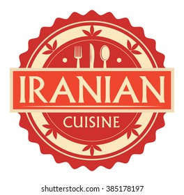 Abstract stamp or label with the text Iranian Cuisine written inside, traditional vintage food label, with spoon, fork, knife symbols, vector illustration