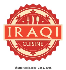 Abstract stamp or label with the text Iraqi Cuisine written inside, traditional vintage food label, with spoon, fork, knife symbols, vector illustration