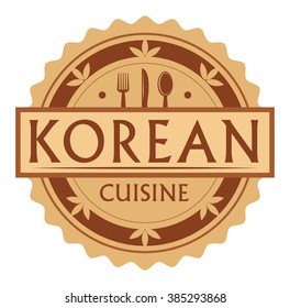 Abstract stamp or label with the text Korean Cuisine written inside, traditional vintage food label, with spoon, fork, knife symbols, vector illustration