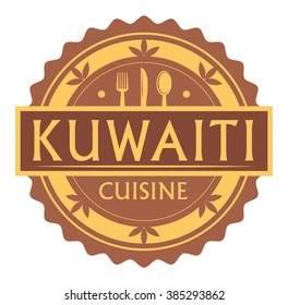 Abstract stamp or label with the text Kuwaiti Cuisine written inside, traditional vintage food label, with spoon, fork, knife symbols, vector illustration
