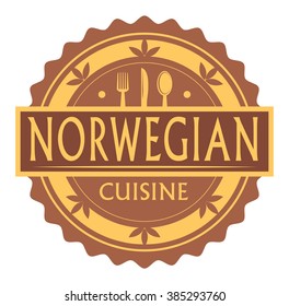Abstract stamp or label with the text Norwegian Cuisine written inside, traditional vintage food label, with spoon, fork, knife symbols, vector illustration