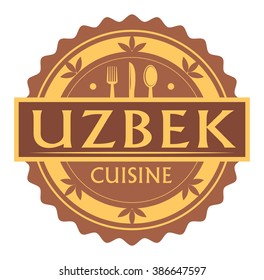 Abstract stamp or label with the text Uzbek Cuisine written inside, traditional vintage food label, with spoon, fork, knife symbols, vector illustration