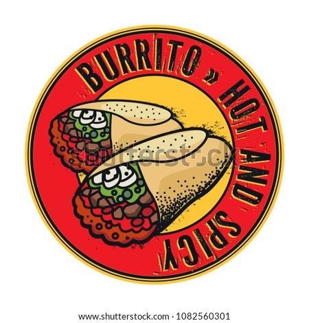 Abstract stamp or label with two Burritos and text Burrito, Hot and Spicy inside, vector illustration
