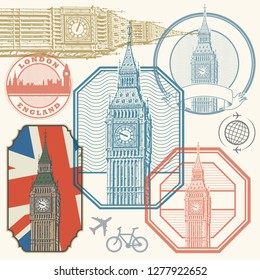 Abstract stamps set with Palace of Westminster and Elizabeth Tower - famous London Landmark, vector illustration