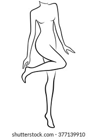 Abstract standing slender female touches her tired heel, hand drawing vector outline