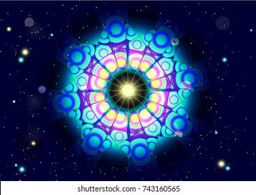 Abstract star background with space mandala. Background for sites, banners, hats. Vector illustration.