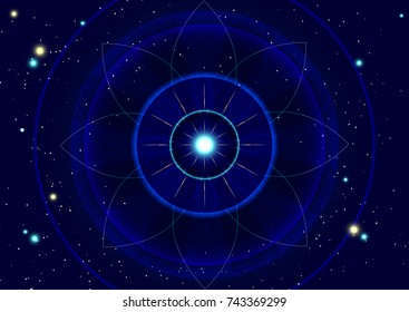 Abstract star background with space mandala. Background for sites, banners, hats. Vector illustration.