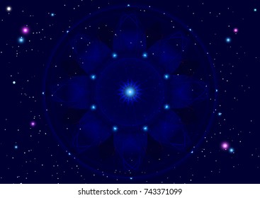 Abstract star background with space mandala. Background for sites, banners, hats. Vector illustration.