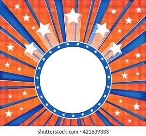 Abstract star burst background. 4th of july frame. American Patriotic Background with stars. Holiday illustration for greeting card, ad, invitation, poster, flier. Halftone vector background. EPS-10