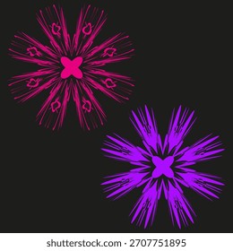 Abstract star bursts. Dynamic spike elements. Pink purple Vector set. Dark background graphic.