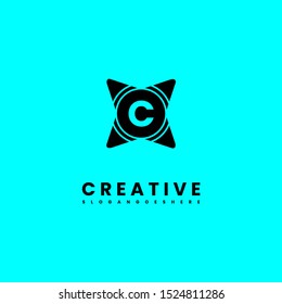 abstract star C logo letter with circle shape isolated on cyan background design concept