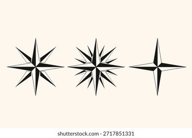 Abstrakte Stern- und Kompass-Rosen-Vektorsymbole mit scharfen geometrischen Formen. Ideal für Navigationsthemen, Reisemarken, Karten, Abenteuerdesigns, nautische Projekte, Logos und symbolische grafische Illustrationen.