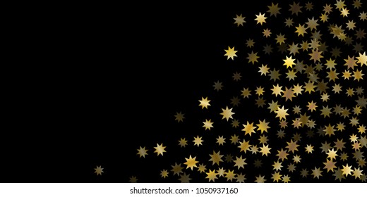 Abstract star of confetti. Falling starry background. Random stars shine on a black background. The dark sky with shining stars. Flying confetti. Suitable for your design, cards, invitations, gifts. 