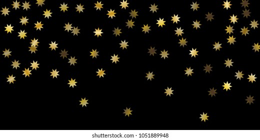 Abstract star of confetti. Falling starry background. Random stars shine on a black background. The dark sky with shining stars. Flying confetti. Suitable for your design, cards, invitations, gifts. 