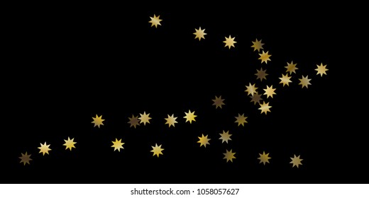 Abstract star of confetti. Falling starry background. Random stars shine on a black background. The dark sky with shining stars. Flying confetti. Suitable for your design, cards, invitations, gifts. 