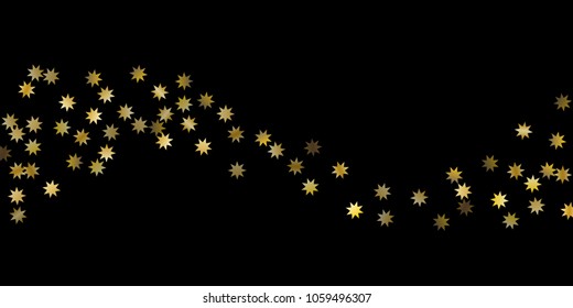 Abstract star of confetti. Falling starry background. Random stars shine on a black background. The dark sky with shining stars. Flying confetti. Suitable for your design, cards, invitations, gifts. 
