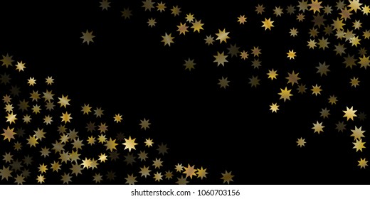 Abstract star of confetti. Falling starry background. Random stars shine on a black background. The dark sky with shining stars. Flying confetti. Suitable for your design, cards, invitations, gifts. 