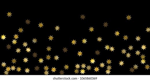 Abstract star of confetti. Falling starry background. Random stars shine on a black background. The dark sky with shining stars. Flying confetti. Suitable for your design, cards, invitations, gifts. 