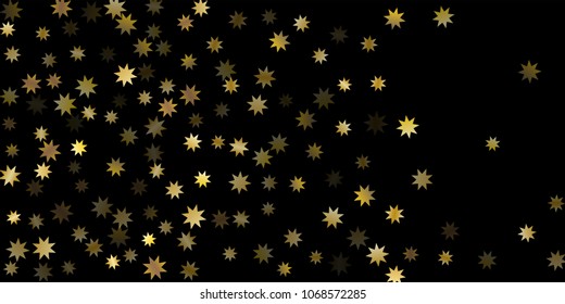 Abstract star of confetti. Falling starry background. Random stars shine on a black background. The dark sky with shining stars. Flying confetti. Suitable for your design, cards, invitations, gifts. 