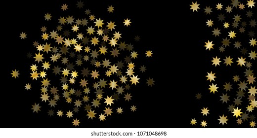 Abstract star of confetti. Falling starry background. Random stars shine on a black background. The dark sky with shining stars. Flying confetti. Suitable for your design, cards, invitations, gifts. 