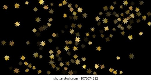 Abstract star of confetti. Falling starry background. Random stars shine on a black background. The dark sky with shining stars. Flying confetti. Suitable for your design, cards, invitations, gifts. 