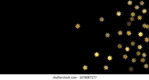 Abstract star of confetti. Falling starry background. Random stars shine on a black background. The dark sky with shining stars. Flying confetti. Suitable for your design, cards, invitations, gifts. 