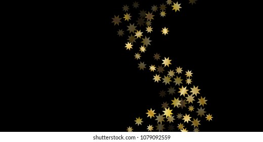 Abstract star of confetti. Falling starry background. Random stars shine on a black background. The dark sky with shining stars. Flying confetti. Suitable for your design, cards, invitations, gifts. 
