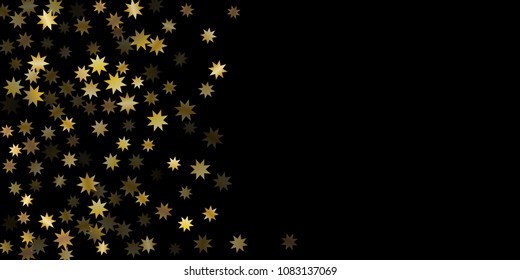 Abstract star of confetti. Falling starry background. Random stars shine on a black background. The dark sky with shining stars. Flying confetti. Suitable for your design, cards, invitations, gifts. 