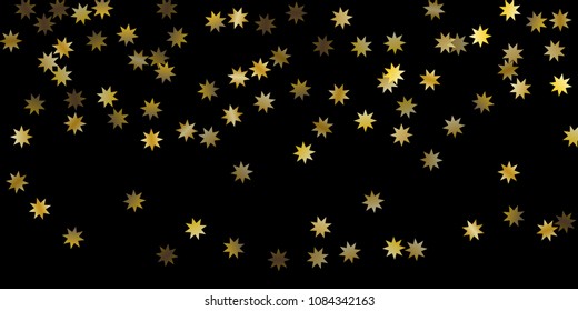 Abstract star of confetti. Falling starry background. Random stars shine on a black background. The dark sky with shining stars. Flying confetti. Suitable for your design, cards, invitations, gifts. 