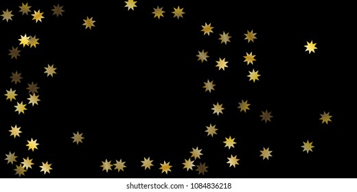 Abstract star of confetti. Falling starry background. Random stars shine on a black background. The dark sky with shining stars. Flying confetti. Suitable for your design, cards, invitations, gifts. 