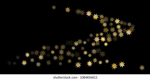 Abstract star of confetti. Falling starry background. Random stars shine on a black background. The dark sky with shining stars. Flying confetti. Suitable for your design, cards, invitations, gifts. 