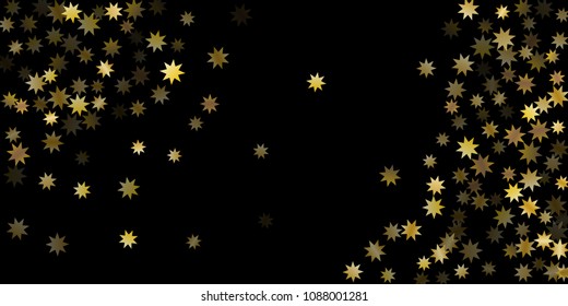 Abstract star of confetti. Falling starry background. Random stars shine on a black background. The dark sky with shining stars. Flying confetti. Suitable for your design, cards, invitations, gifts. 