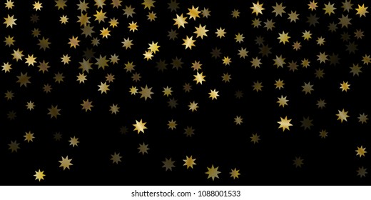 Abstract star of confetti. Falling starry background. Random stars shine on a black background. The dark sky with shining stars. Flying confetti. Suitable for your design, cards, invitations, gifts. 