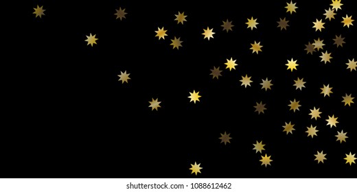 Abstract star of confetti. Falling starry background. Random stars shine on a black background. The dark sky with shining stars. Flying confetti. Suitable for your design, cards, invitations, gifts. 