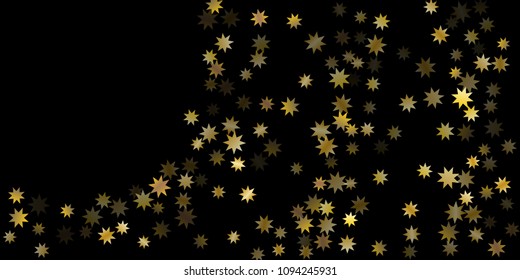 Abstract star of confetti. Falling starry background. Random stars shine on a black background. The dark sky with shining stars. Flying confetti. Suitable for your design, cards, invitations, gifts. 