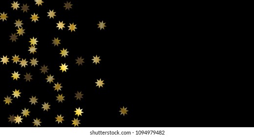 Abstract star of confetti. Falling starry background. Random stars shine on a black background. The dark sky with shining stars. Flying confetti. Suitable for your design, cards, invitations, gifts. 