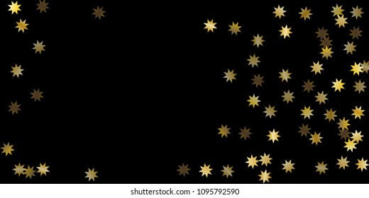 Abstract star of confetti. Falling starry background. Random stars shine on a black background. The dark sky with shining stars. Flying confetti. Suitable for your design, cards, invitations, gifts. 