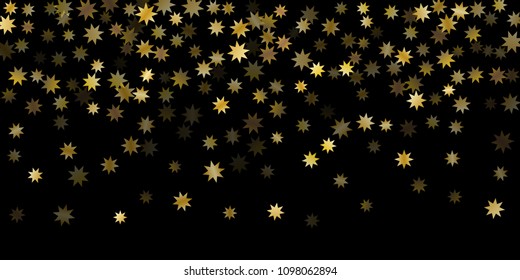 Abstract star of confetti. Falling starry background. Random stars shine on a black background. The dark sky with shining stars. Flying confetti. Suitable for your design, cards, invitations, gifts. 