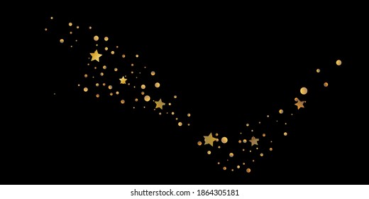 Abstract star of confetti. Falling starry background. Random stars shine on a black background. The dark sky with shining stars. Flying confetti. Suitable for design, cards, invitations, gifts. 