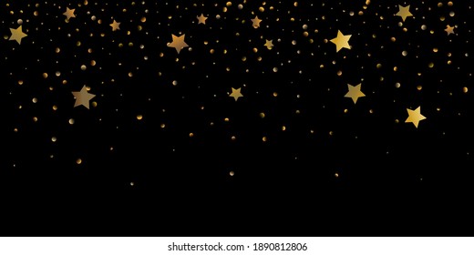 Abstract star of confetti. Falling starry background. Random stars shine on a black background. The dark sky with shining stars. Flying confetti. Suitable for your design, cards, invitations, gifts. 