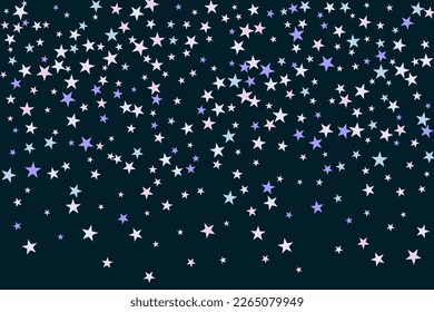 Abstract star of confetti. Falling starry background. Random stars shine on a black background. The dark sky with shining stars. Flying confetti. Suitable for your design, cards, invitations, gifts. 