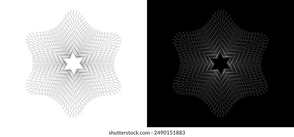 Estrella Abstractas de David con seis esquinas. Estrella de diseño de línea de arte como logotipo o icono. Una figura negra sobre fondo blanco y una figura igualmente blanca en el lado negro.