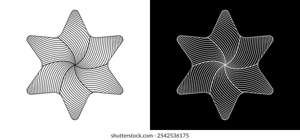 Estrella Abstractas de David con seis esquinas. Estrella del diseño de la línea del arte como logotipo o icono. Una figura negra sobre un fondo blanco y una figura igualmente blanca en el lado negro.