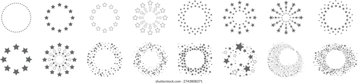Abstract Star and Dot Circular Frames and Radial Patterns in Grayscale. Minimalist Vector Graphic Design Elements Collection for Borders, Backgrounds, and Decorative Usage.