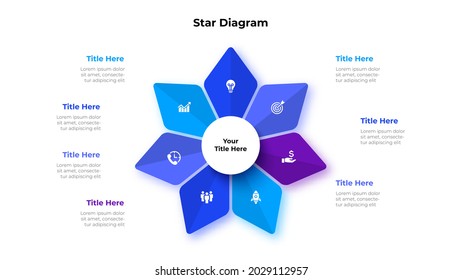 El elemento estrella abstracto se divide en 7 partes con un círculo en el centro. Visualización de datos empresariales para presentación. Diagrama gráfico de información del vector.