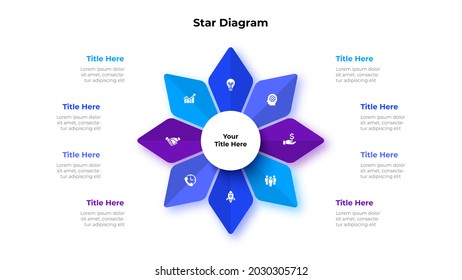 Abstract star element is divided into 8 parts with a circle in the center. Business data visualization for presentation. Vector info graphic diagram.