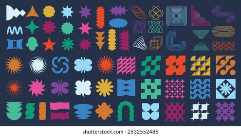 Abstract star geometric shapes. Dynamic forms, creative brutalist flat figures and zen line patterns. Zigzag sticker silhouettes, star and spark elements vector set.