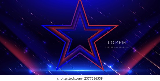 Abstract star glowing blue and red light lines with speed motion blur effect on dark blue background. Vector illustration