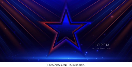 Abstract star glowing blue and red light lines with speed motion blur effect on dark blue background. Vector illustration