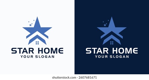 abstract star house logo design in blue and blue with white background
